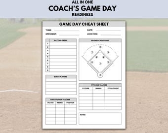 Baseball Batting Order Lineup Sheet for Baseball Coach, Printable LineUp Card By Inning, Game Day Planner with Field Position, Pitch Tracker