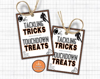 Printable Halloween Football Gift Tags, Football Birthday Party, Tackling Tricks Touchdown Treats, Game Day Treat or Goodie Bags for Team