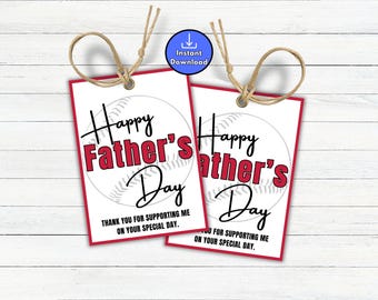 Baseball Happy Father's Day Printable Gift Tags, Team Gift Tags for Dad, Thank You Father Figure for Supporting Me, Youth Sports Thank You