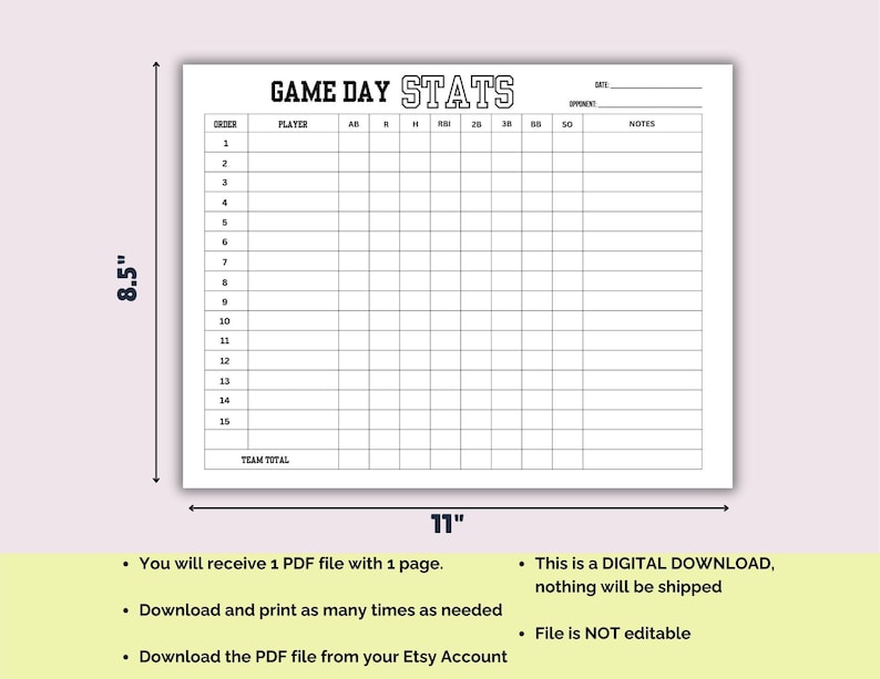 Printable Softball Stat Tracker Sheet for Softball Coach or Dugout ...