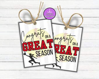 Softball Congrats on a Great Season Printable Tags, End of Season Gifts for Softball Team, Teams Snacks or Treat Bags, T-ball Team Gift Idea