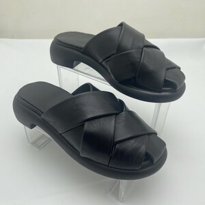 Knitted Detailed Black Leather Women Barefoot Mule