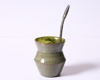 Handmade stoneware yerba mate / chimarrão cuia mossy green crackle glaze