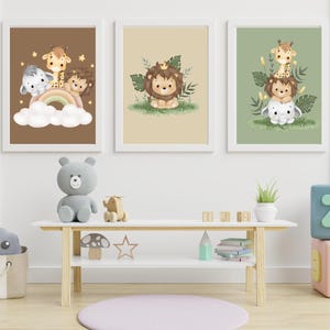Safari Nursery Wall Art Set of 3 | Jungle Animals | Pastel Printable Posters | A4 Digital Download