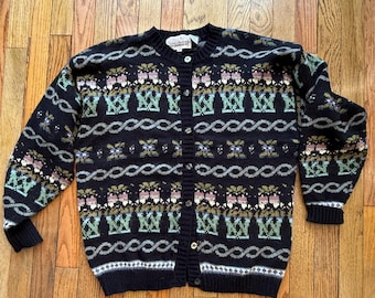 Vintage 90s Nordic Floral Cardigan Sweater Black Multi Button Front Women’s Large