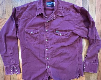 Vintage Wrangler Western Shirt Burgundy Pearl Snap Button Down Mens Large USA Made Cowboy Shirt