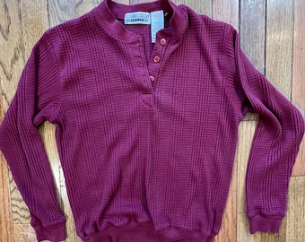 Vintage Cabin Creek Petite Thermal Henley Small Burgundy Waffle Knit Long Sleeve 90s Top