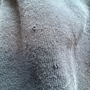 May include: Close-up of a dark gray knit fabric with visible texture and small imperfections. The fabric appears to be a soft material, possibly a sweater or other garment. The image highlights the detailed weave and subtle variations in color.