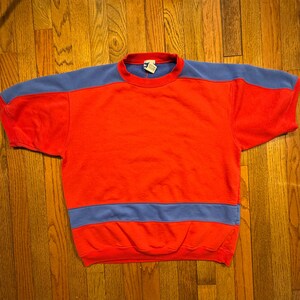 Vintage 80s Logo 7 Sweatshirt Large Red Blue Colorblock Crewneck Made in USA Blank Pullover