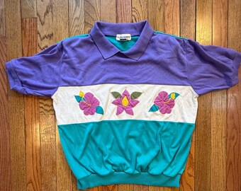 Vintage Alfred Dunner Floral Appliqué Collared Sweatshirt Size Small | 90s Purple Teal Colorblock Top