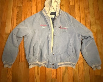 Vintage Keeler Steel Iowa Hooded Work Jacket Men’s L Blue Faded Bomber Safety First Steve