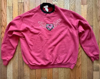 Vintage Red Embroidered Heart Sweatshirt | 90s Morning Sun Top Stitch Crewneck | Floral Appliqué Pullover | Size Large
