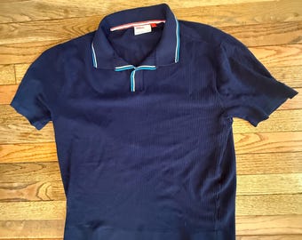 Navy Ribbed Knit Polo Shirt: Vintage Style Cotton Blend Menswear