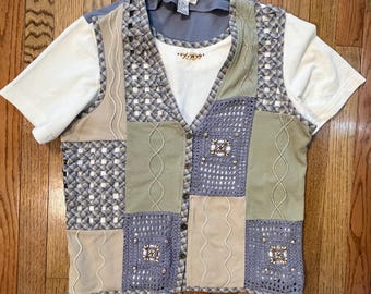 Vintage Patchwork Vest Top Alfred Dunner Petite Crochet Beaded Boho Button Front Shirt
