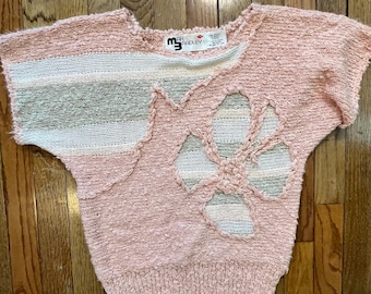Vintage 80s Textured Knit Sweater Distressed Open Knit Pink Abstract Pullover Max Bradley Boho Grunge Sweater Medium