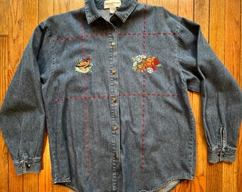 Vintage Embroidered Denim Shirt Eagle’s Eye Sport L Blue Chambray Duck Floral Cottagecore Button Up
