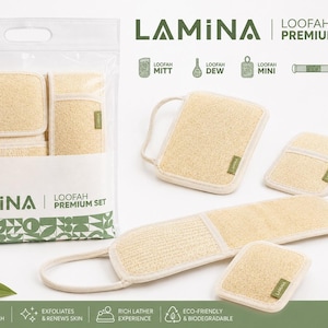 4 PCS Natural Loofah Sponge Set: Back Scrubber, Double Sided Mitt, Face Loofah