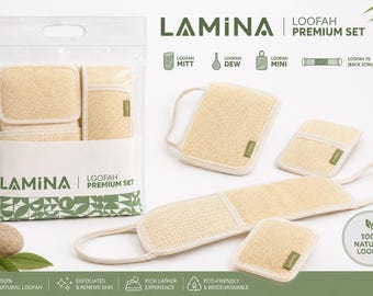 Op de afbeelding: Een Lamina premium loofah-set in een doorzichtige plastic zak, inclusief een want, een druppel, een mini en een rugscrubber. De items zijn gemaakt van natuurlijk beige vezelmateriaal met een lichte rand en kleine groene labels. De verpakking bevat de tekst LAMINA LOOFAH PREMIUM SET en iconen voor elk item.