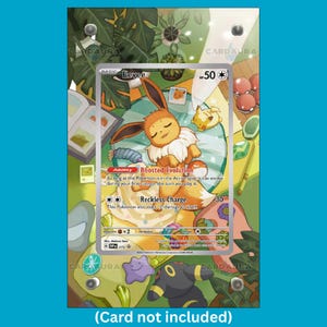Puede incluir: Un marco de exhibición rectangular de acrílico con un fondo impreso de varios personajes Pokemon y plantas. El marco tiene cuatro soportes metálicos plateados en las esquinas. El diseño impreso incluye a Eevee durmiendo, Ditto y Umbreon.