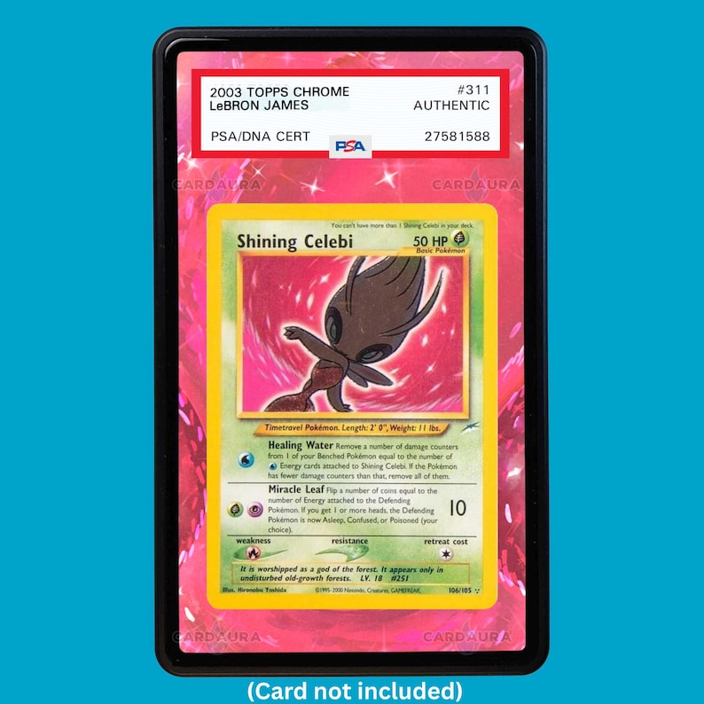 Showcase your Shining Celebi 106/105 with a premium extended art display case designed for graded Pokémon cards. This collectible display combines hand-drawn extended artwork, a magnetic aluminum case, and UV-protective tempered glass to help