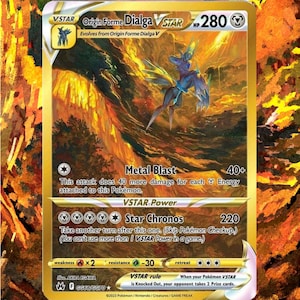 May include: A gold-bordered Pokémon VSTAR card featuring Origin Forme Dialga V. The card has a dynamic illustration of a blue and purple creature against a fiery background. Text includes "Metal Blast" and "Star Chronos".