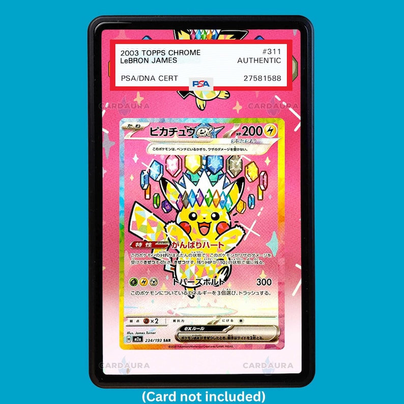 Showcase your Pikachu EX 277/217 with a premium extended art display case designed for graded Pokémon cards. This collectible display combines hand-drawn extended artwork, a magnetic aluminum case, and UV-protective tempered glass to help protect