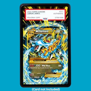 Showcase your M Charizard EX 108/106 with a premium extended art display case designed for graded Pokémon cards. This collectible display combines hand-drawn extended artwork, a magnetic aluminum case, and UV-protective tempered glass to help