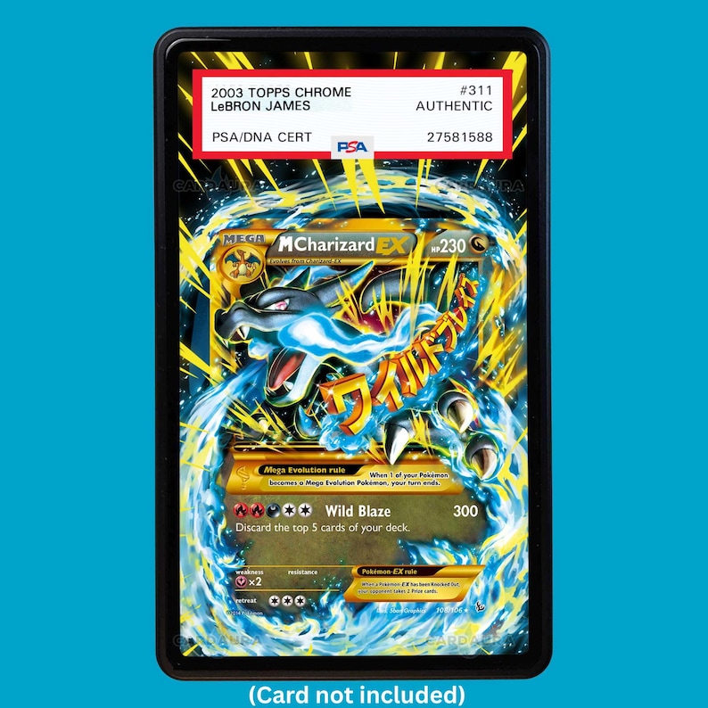 Showcase your M Charizard EX 108/106 with a premium extended art display case designed for graded Pokémon cards. This collectible display combines hand-drawn extended artwork, a magnetic aluminum case, and UV-protective tempered glass to help