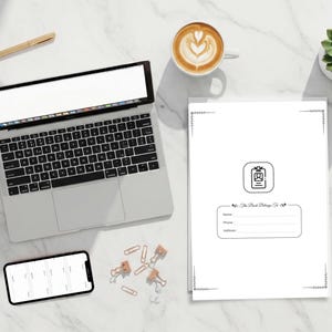 May include: A workspace scene featuring a laptop, smartphone, and a notebook with a name tag icon. A cup of coffee with latte art, a succulent plant, and a gold pen are also present. The notebook has space for name, phone, and address.