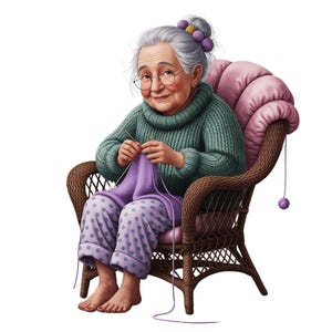 JPEG Senior Lady tricot des cliparts au crochet des cliparts des graphiques pour le salon confortable Téléchargement instantané Paper Craft Junk Journal Scrapbooking