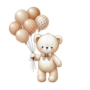 Clipart aquarelle ours en peluche avec des ballons, PNG numérique pour cadeau de baby shower, T-shirt DTG, sublimation de carte de voeux & oeuvre de scrapbooking