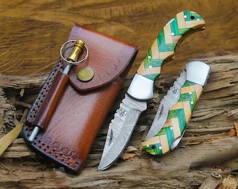 Handmade Damascus Pocket Knife Rose Wood