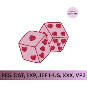 Könnte beinhalten: Zwei rosa Würfel mit roten Herzmustern. Jede Würfelseite zeigt eine unterschiedliche Anzahl von Herzen. Das Bild ist als digitaler Download gekennzeichnet.