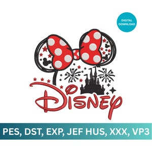 May include: A digital download design featuring a red and white polka dot bow, black mouse ears, and the word "Disney" in red. The design includes a black castle silhouette, fireworks, and stars. The text "DIGITAL DOWNLOAD" is in a blue circle.