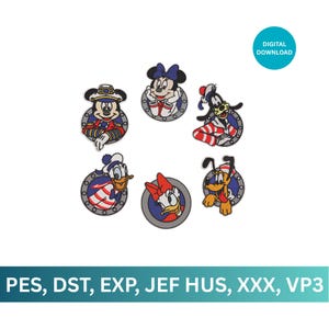 Pode incluir: Uma coleção de seis designs de personagens de desenhos animados, incluindo Mickey Mouse, Minnie Mouse, Pateta, Pato Donald, Margarida e Pluto. Cada personagem está em uma moldura circular com um tema náutico. A imagem inclui o texto "DOWNLOAD DIGITAL" e abreviações de tipos de arquivo.