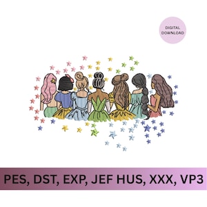 May include: An embroidery design showing seven figures with different hairstyles and dresses, viewed from behind. The design includes a scattering of colourful star-shaped embellishments. The words "DIGITAL DOWNLOAD" are in a pink circle. The bottom of the image has the text "PES, DST, EXP, JEF HUS, XXX, VP3".