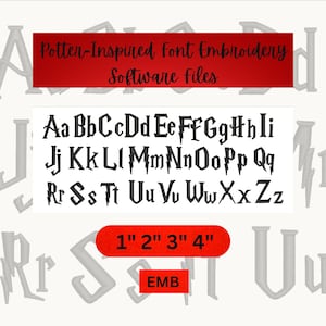 May include: Black embroidery font set with a lightning bolt design, including uppercase and lowercase letters, and numbers. The text "Potter-Inspired font Embroidery Software Files" is displayed above the font set. The image also includes the text "1" 2" 3" 4" and "EMB".