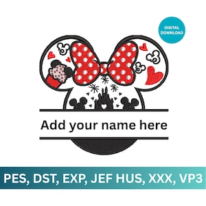 May include: A digital download design featuring a Minnie Mouse silhouette with a red polka dot bow. The design includes a space to add a name, hearts, and a castle. The text "Add your name here" is visible.