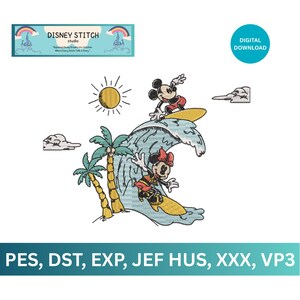 May include: An embroidered design featuring Mickey and Minnie Mouse surfing a wave. The design includes a sun, palm trees, and the text "DISNEY STITCH studio" and "DIGITAL DOWNLOAD". The design is available in multiple digital formats.