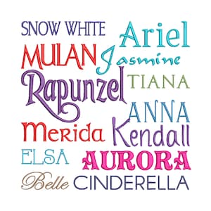 Puede incluir: Sobre un fondo blanco, se muestran los nombres de princesas de Disney en varios colores y fuentes. Los nombres incluyen Blancanieves, Mulan, Rapunzel, Merida, Elsa, Bella, Ariel, Jasmine, Tiana, Anna, Kendall, Aurora y Cenicienta.