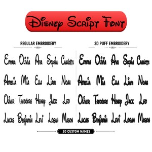 Może przedstawiać: Tabela porównawcza przedstawiająca 20 imion w czcionce Disney Script. Po lewej stronie widoczny jest zwykły haft, a po prawej haft wypukły 3D. Tekst na górze brzmi Disney Script Font, a na dole 20 Custom Names.