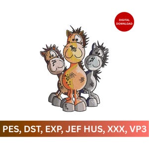 May include: A digital download design featuring three cartoon horses in shades of brown, orange, and gray. The horses have large eyes and smiling faces. The design includes the text "DIGITAL DOWNLOAD" in a red circle and file type abbreviations.