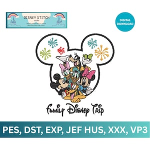 Könnte beinhalten: Ein digitaler Download mit Micky Maus und Freunden. Das Design umfasst Micky, Minnie, Donald, Daisy, Goofy und Pluto, mit dem Text "Family Disney Trip". Das Bild hat die Form von Mickys Kopf, mit farbenfrohen Akzenten.