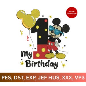 Peut inclure: Un motif de broderie avec un grand chiffre un noir et rouge à pois jaunes, une souris de dessin animé portant des lunettes de soleil bleues, un ballon jaune en forme de souris et le texte My Birthday. Inclut un cercle de téléchargement numérique.
