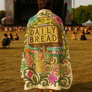 May include: A person wearing a cream-colored blanket with the words "DAILY BREAD" and "BREAD & BREAKFAST" in a colorful, vintage-style design. The blanket features floral and leaf accents.