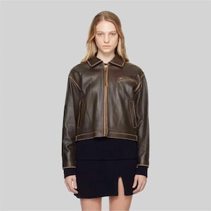 Veste en cuir marron vieilli des années 90, veste en cuir vintage pour femme, veste en cuir carrée surdimensionnée vintage, cadeau de Noël, cadeau pour elle
