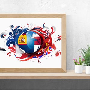 Art Unité Mondiale | Drapeau Français Espagnol Anglais Globe | Poster Harmonie Culturelle | Décor Paix Mondiale