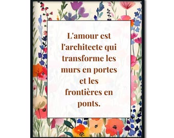 French Quote Wildflower Print, Love Architect, Boho Wall Art, Borderless World (Digital Download)