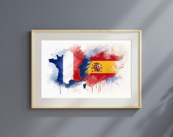 France Spain Flag Map Art, Bilingual Wedding Gift (Digital Download)