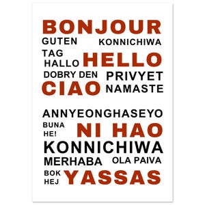 May include: A white poster with the word "HELLO" in large, bold, red letters. The poster also features the word "BONJOUR" and other greetings in various languages, including German, Japanese, and Italian.